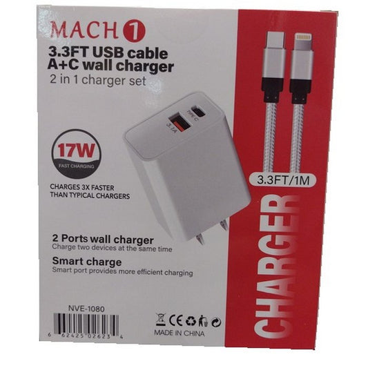 WALL Charger USB A+C W/3.3ft/1M IPHONE Cable