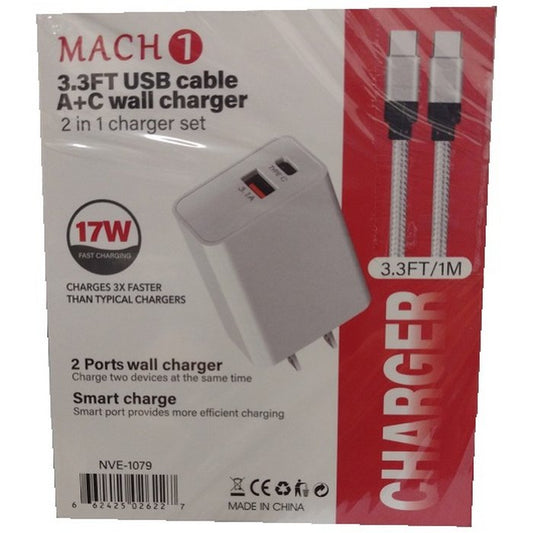 WALL Charger USB A+C W/3.3ft/1M TYPE-C Cable