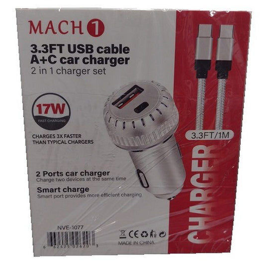 CAR CHARGER USB A+C W/ 3.3FT/1M TYPE-C CABLE